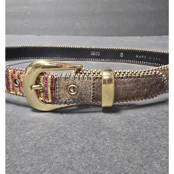 Patchwork Fabric Belt Womens Small Brown Gold Boho Made in USA 3605 Beaded Edge - Picture 3 of 12